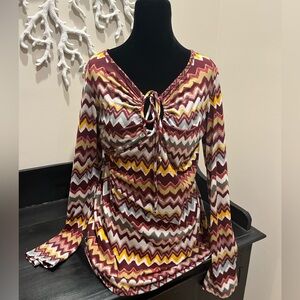 Earthbound Boho Long Sleeve Chevron Top XL | Stretchy Tunic Fall